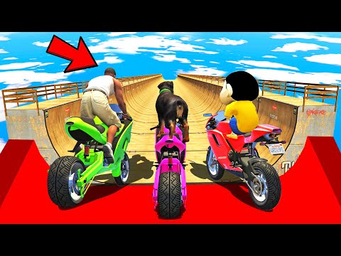 SHINCHAN AND FRANKLIN TRIED DOUBLE MEGA RAMP & CRAZY RACE JUMP CHALLENGE BY CARS BIKES TRUCKS GTA 5