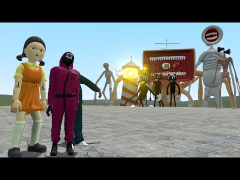 SQUID GAME VS SIREN HEAD, CARTOON CAT, AND OTHERS!! Garry's Mod [Trevor Henderson Creatures vs]