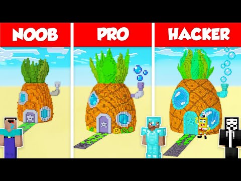 SPONGEBOB BASE HOUSE BUILD CHALLENGE – NOOB vs PRO vs HACKER / Minecraft Battle Animation SPONGE BOB