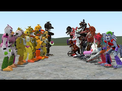 ALL CHICAS VS ALL FOXYS FNAF 1-9 SECURITY BREACH AND OTHERS In Garry's Mod! (Five Nights at Freddys)