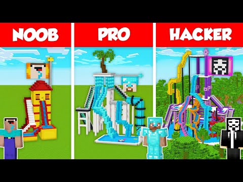 WATER SLIDE BASE SEA HOUSE BUILD CHALLENGE – NOOB vs PRO vs HACKER / Minecraft Battle Animation