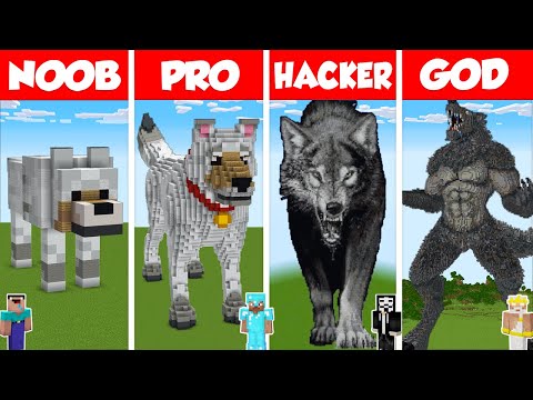 Minecraft WOLF STATUE HOUSE BUILD CHALLENGE – NOOB vs PRO vs HACKER vs GOD / Dog Animation